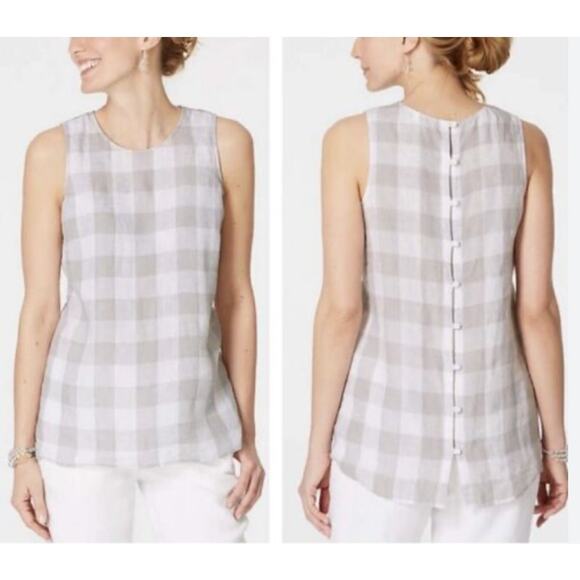 J. Jill Love Linen Tank Top Button Back Gray White Buffalo Plaid Size Small - Picture 8 of 8